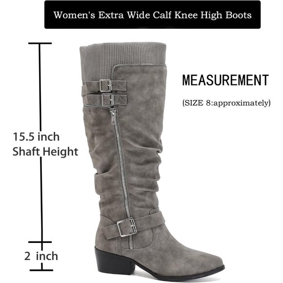 ⚡Women's Grey Extra Wide Calf Knee High Boots Knee High Boots Low Stacked Heel - Picture 2 of 6